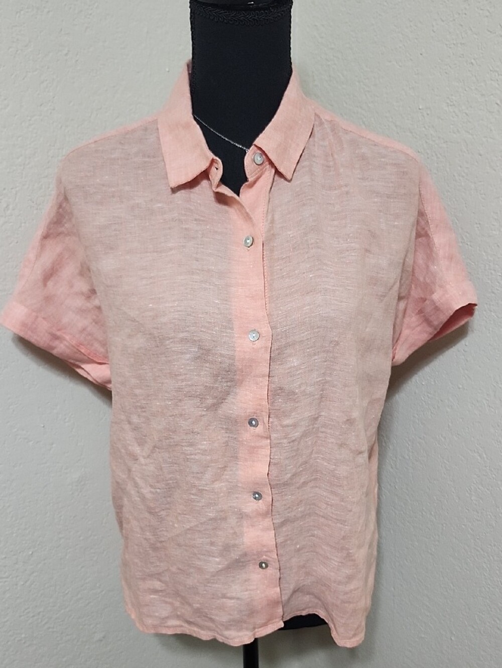 Tahari 100% Linen Short Sleeve Button Down Top Coral Peach Sz S (EUC) Beach Vibe